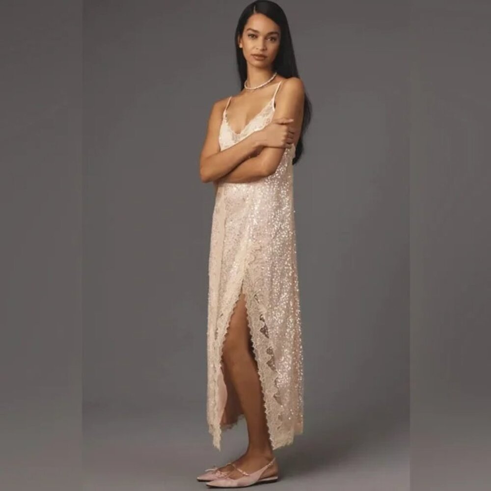 🌸💛Anthropologie En Elly V-Neck Lace Sequin Slip Midi Maxi Dress LARGE NWT $168